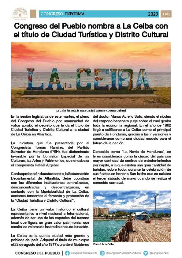 Congreso del Pueblo nombra a La Ceiba con el título de Ciudad Turística y Distrito Cultural